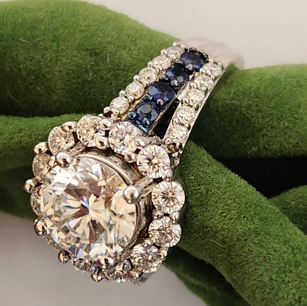 Moissanite Fire Blue Sapphire Platineve 925 Silver Ring - Picture 14 of 16